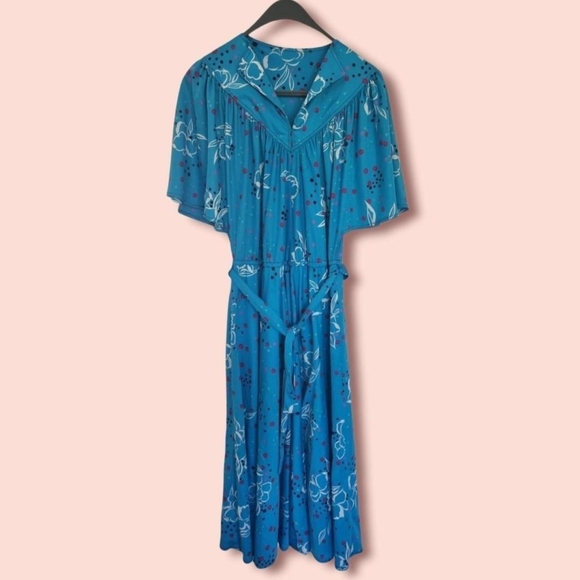 Vintage blue floral 80s dress with beltNo size but fits uk 12 - Picture 2 of 4